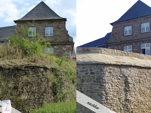 Vorher-Nachher-Vergleich: Die Ringmauer nach der Sanierung von Schloß Broich