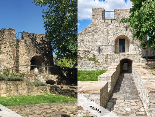 Vorher-Nachher-Vergleich: Der Nordwestturm nach der Sanierung von Schloß Broich